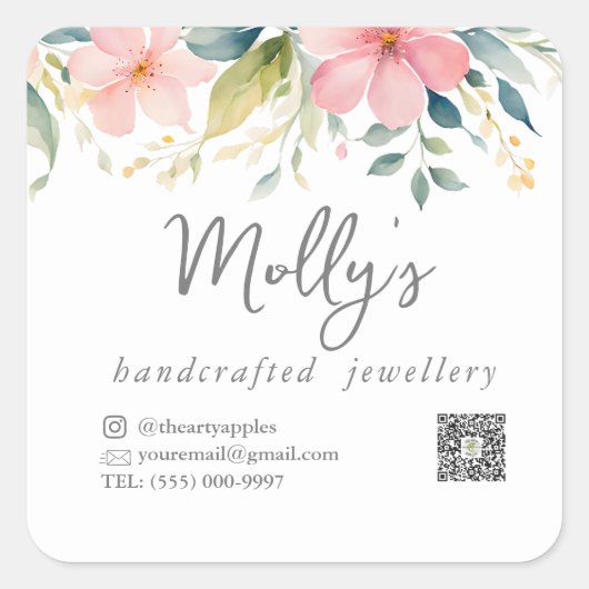 Eleganter Blütenschmuck in Rosa und Grau Quadratischer Aufkleber (Vorderseite)