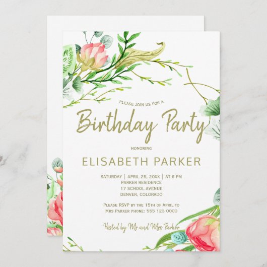 Eleganter, blütiger Salin Rose Geburtstagsparty Einladung (Vorne/Hinten)