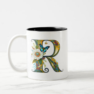 Eleganter bohemianischer Blumenbuchstabe R Zweifarbige Tasse