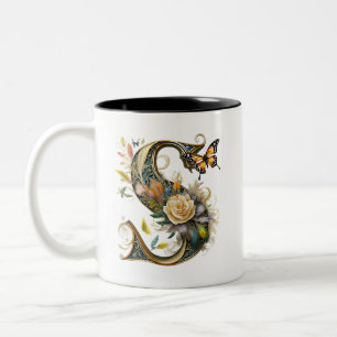 Eleganter bohemischer Blumenbuchstabe S Zweifarbige Tasse