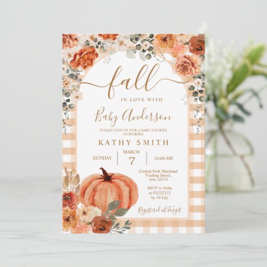 Eleganter Boho Arch Fall Floral in Liebe Babydusch Einladung (Stehend Vorderseite)