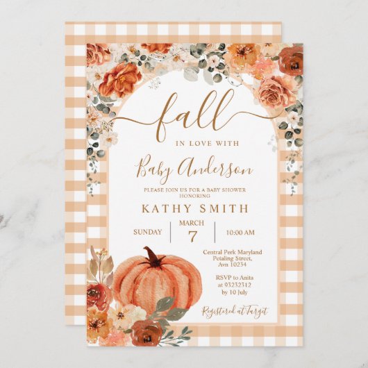 Eleganter Boho Arch Fall Floral in Liebe Babydusch Einladung (Vorne/Hinten)