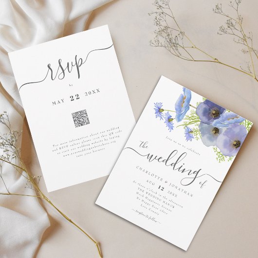 Eleganter Boho-Blumen-Blue-Hochzeits-QR-Code Einladung