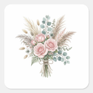 Eleganter Boho-Blumenstrauß Blassrosa Rosenhochzei Quadratischer Aufkleber