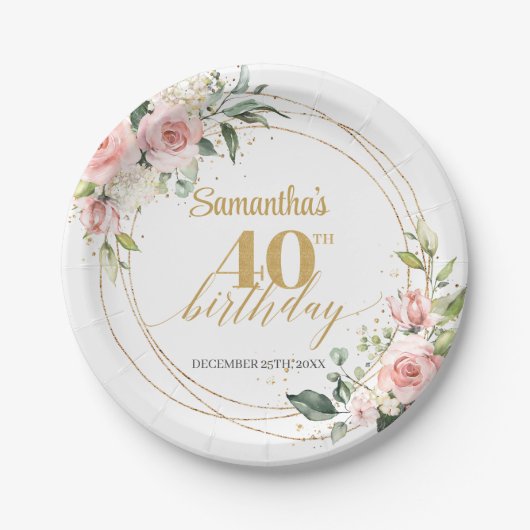 Eleganter boho blush blumengold Glitzer Geburtstag Pappteller (Vorderseite)