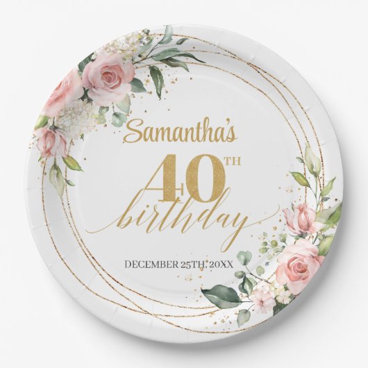 Eleganter boho blush blumengold Glitzer Geburtstag Pappteller (Vorderseite)