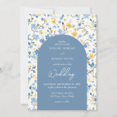 Eleganter Boho-Boho-Blume-Bogen mit blauen und gel Einladung (Vorderseite)