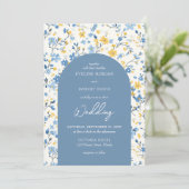 Eleganter Boho-Boho-Blume-Bogen mit blauen und gel Einladung (Stehend Vorderseite)