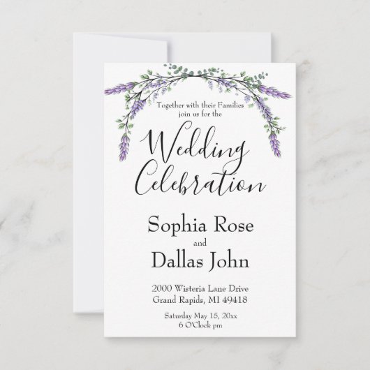 Eleganter boho chic Lavender und Eucalyptus Einladung (Vorderseite)