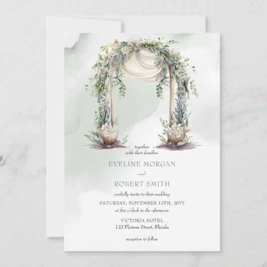 Eleganter Boho-grüner Bogen Einladung (Vorderseite)