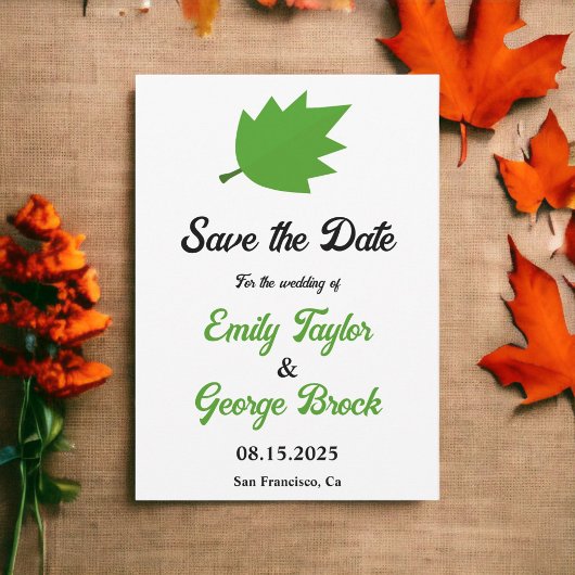 Eleganter Boho Grüner Herbst hinterlässt Hochzeit  Save The Date