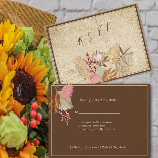 Eleganter Boho, rustikaler Cream & Brown Hintergru RSVP Karte