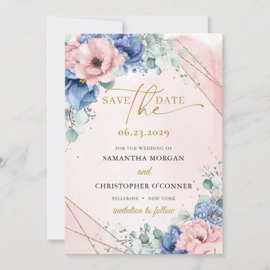 Eleganter boho staubblauer und rot-schwarzer Rose Save The Date (Vorderseite)