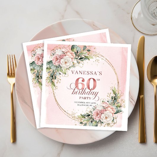 Eleganter Boho-Staubrosa-Blumenrahmen 60. Geburtst Serviette