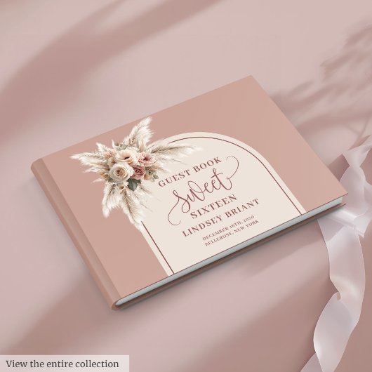Eleganter Boho-Staubrosa-Pampas-Blumenbogen Sechze Gästebuch