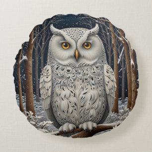 Eleganter Boho-Weißer-Uhu-Wald-Winterwald Rundes Kissen