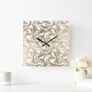 Eleganter Boho-Weißgold-Blumenvintage-Damaskus Quadratische Wanduhr