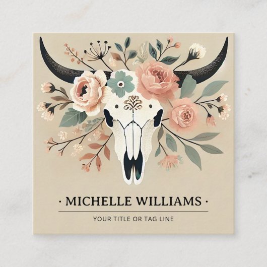 Eleganter Boho Western Bull Cow Skull mit QR-Code Quadratische Visitenkarte (Vorderseite)