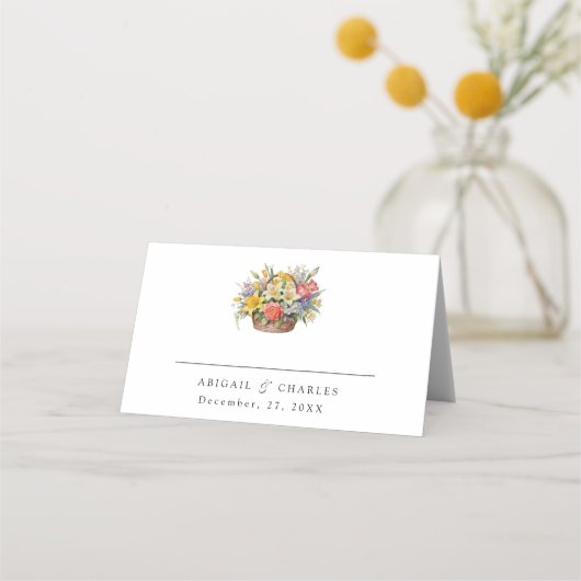 Eleganter Boho-Wildblume-Korb Platzkarte (Vorderseite)