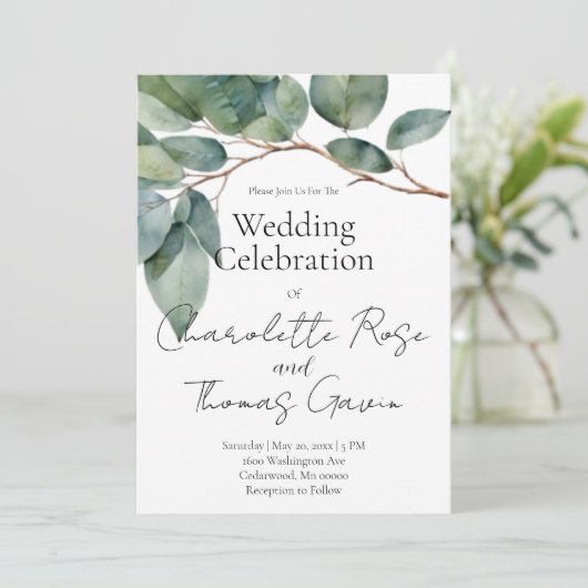 Eleganter bohoner, schicke Aquarellgrün botanisch Einladung (Stehend Vorderseite)