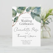 Eleganter bohoner, schicke Aquarellgrün botanisch Einladung (Stehend Vorderseite)