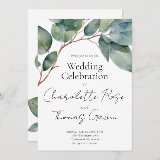 Eleganter bohoner, schicke Aquarellgrün botanisch Einladung (Vorne/Hinten)