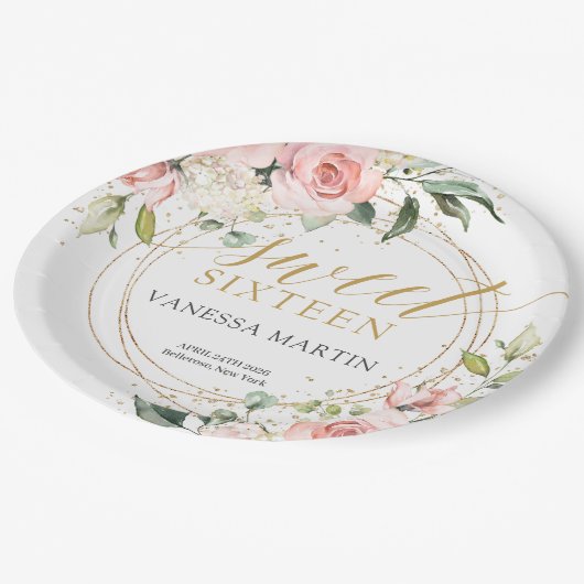 Eleganter bohrosafarbener Glitzer mit Blütengold s Pappteller (Schrägansicht)