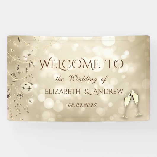 Eleganter Bokeh, Konfetti-Weingläser Hochzeit Banner (Horizontal)