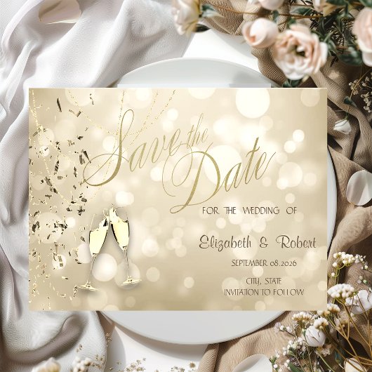 Eleganter Bokeh, Konfetti-Weingläser Hochzeit Save The Date