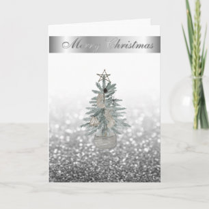 Eleganter Bokeh-Silber, Wasserfarben-Weihnachtsbau Feiertagskarte