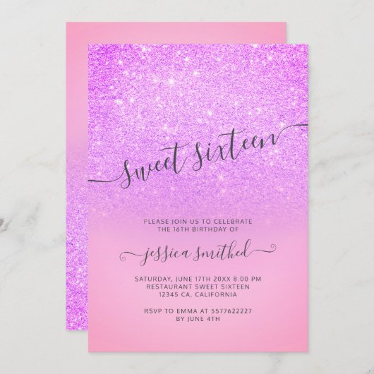 Eleganter Bonbon 16 Typografie des lila rosa Einladung (Vorne/Hinten)