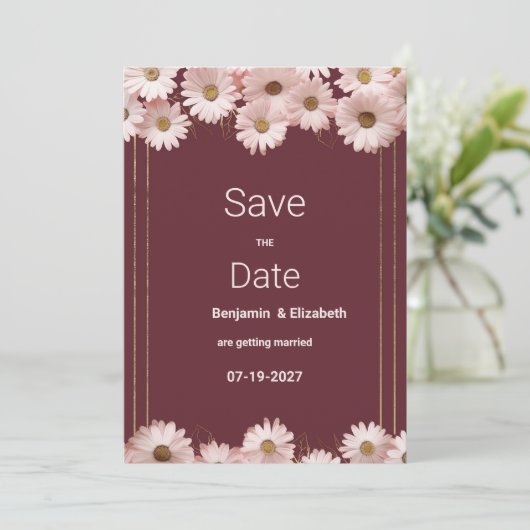 Eleganter bordeauxrosa Golddaisy Save the Date Einladung (Stehend Vorderseite)