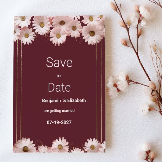 Eleganter bordeauxrosa Golddaisy Save the Date Einladung