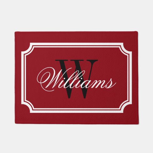 Eleganter bordeauxroter Familienname Monogramm Tür Fußmatte (Vorderseite)