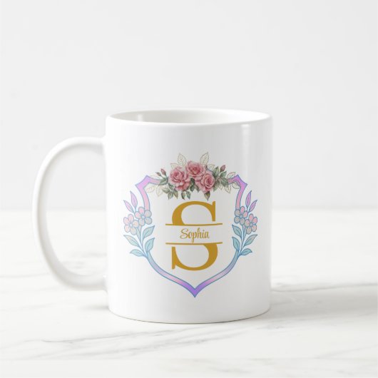 Eleganter botanischer Anfangsbuchstabe und rosa Ro Kaffeetasse (Links)