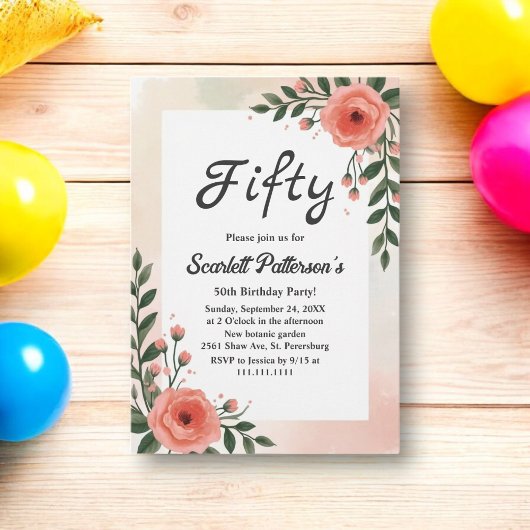 Eleganter Botanischer Aquarellfarben, 50. Geburtst Einladung