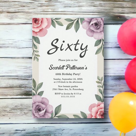 Eleganter Botanischer Aquarellfarben, 60. Geburtst Einladung