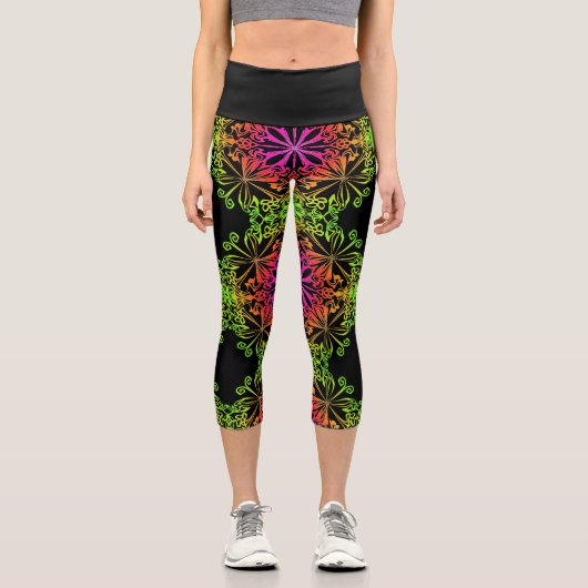 Eleganter botanischer Boho farbenfroher Mandala Capri Leggings (Vorderseite)