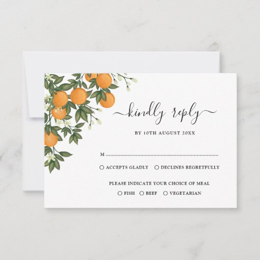 Eleganter botanischer Citrus Orange Wedding RSVP Karte (Vorderseite)