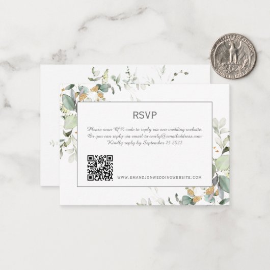 Eleganter botanischer Eukalyptus Greenery QR Code Mitteilungskarte (Vorderseite/Rückseite Beispiel)