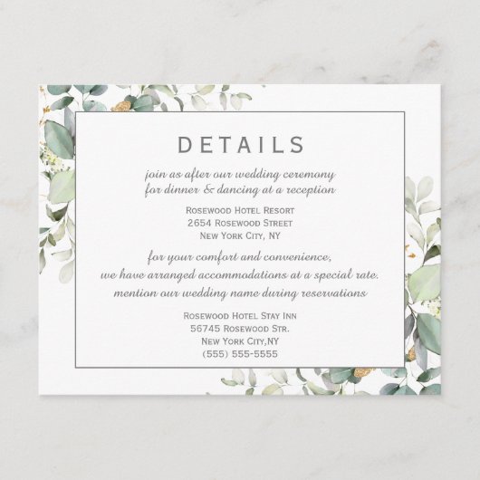 Eleganter botanischer Eukalyptus Grüne Details Begleitkarte (Vorderseite)