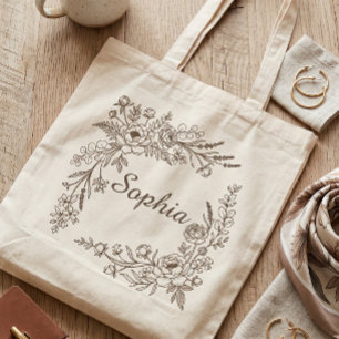 Eleganter botanischer floraler Kranz Monogramm Nam Tragetasche