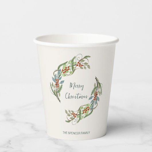 Eleganter botanischer Frohe Weihnachtskranz Pappbecher (Rückseite)