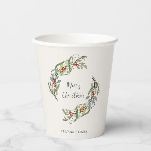 Eleganter botanischer Frohe Weihnachtskranz Pappbecher (Vorderseite)