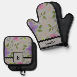 Eleganter botanischer Frühling Blumengrauer Hinter Ofenhandschuh & Topflappen-Set