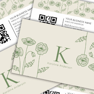 Eleganter botanischer grüner Ecru-Mohnblumen-QR-Co Visitenkarte