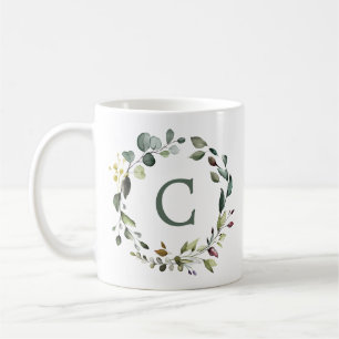 Eleganter botanischer Grünkränze-Monogramm Kaffeetasse