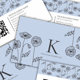 Eleganter botanischer hellblauer Mohnblumen-QR-Cod Visitenkarte