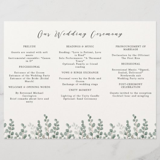 Eleganter botanischer Hochzeitsprogramm Flyer mit (Hinten)