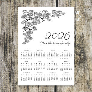 Eleganter botanischer Kalender 2026 mit Kiefernzwe Magnetkarte